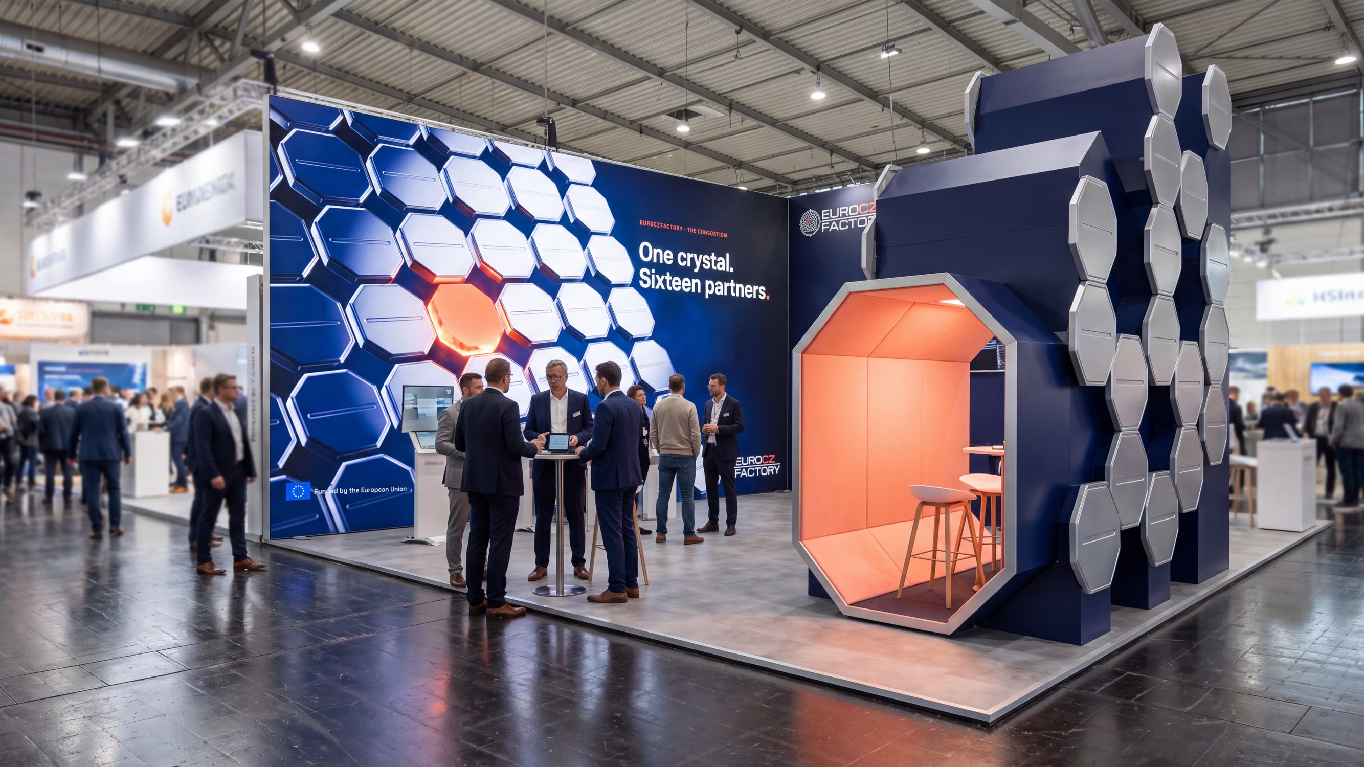 An exhibition stand built from the lattice, with an octagonal coral meeting pod.