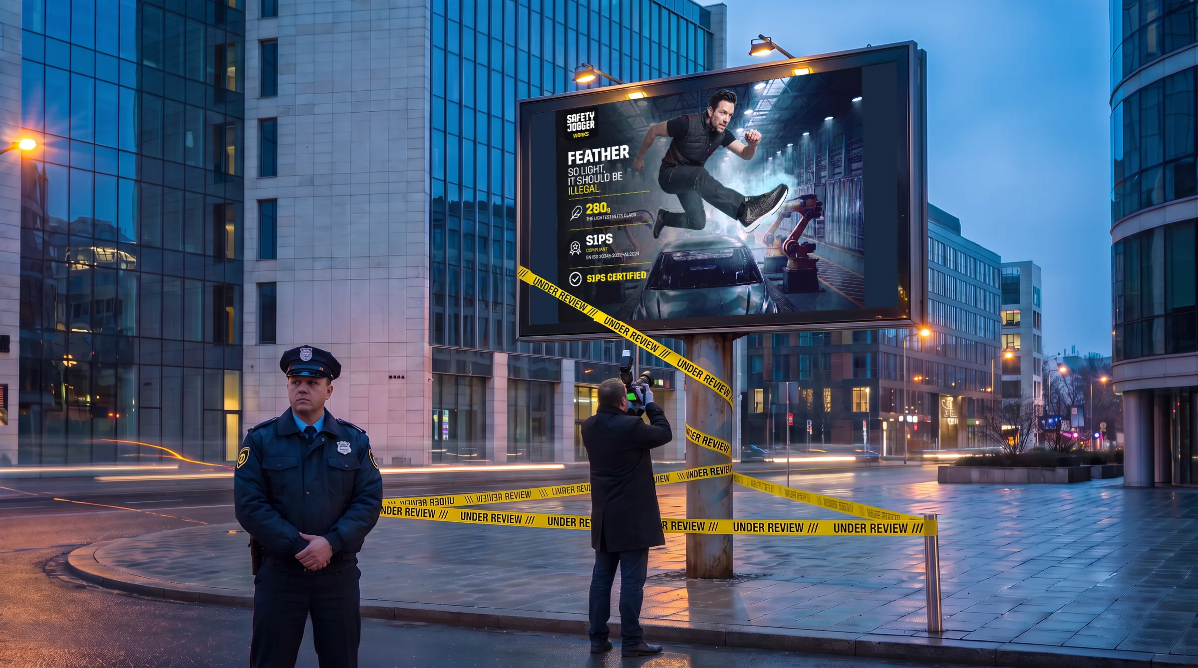 ESCAPE key visual on a billboard in a business district, cordoned off with yellow UNDER REVIEW tape and watched by a security guard