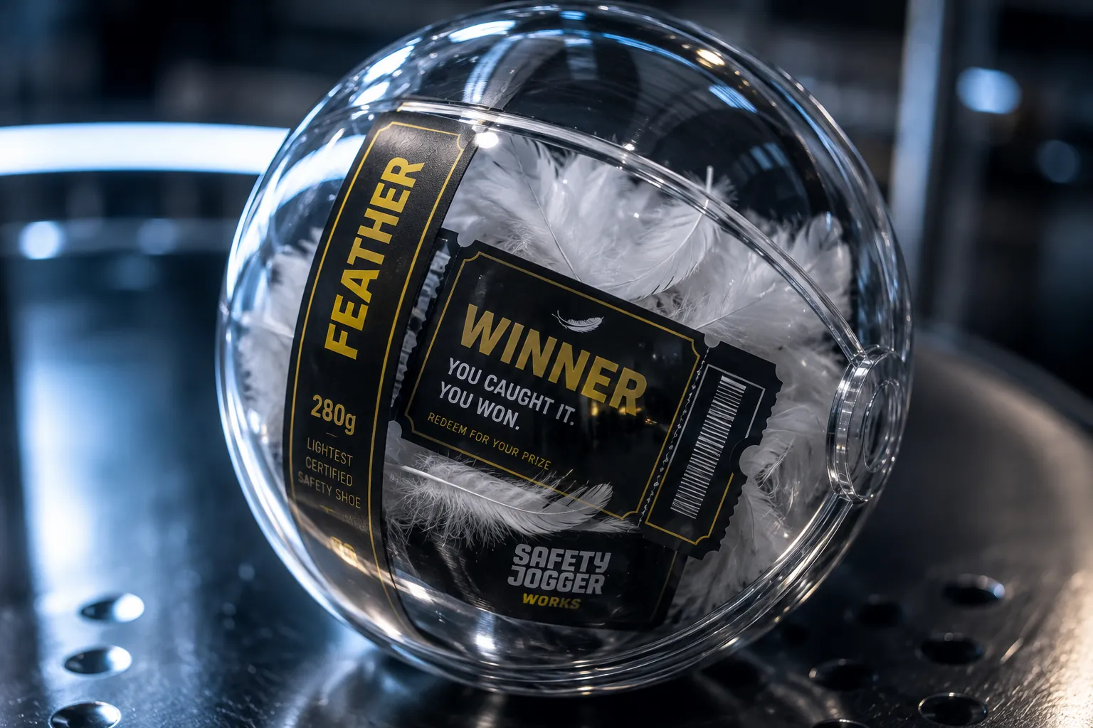 Brief concept: a clear prize capsule filled with white feathers and a FEATHER winner ticket