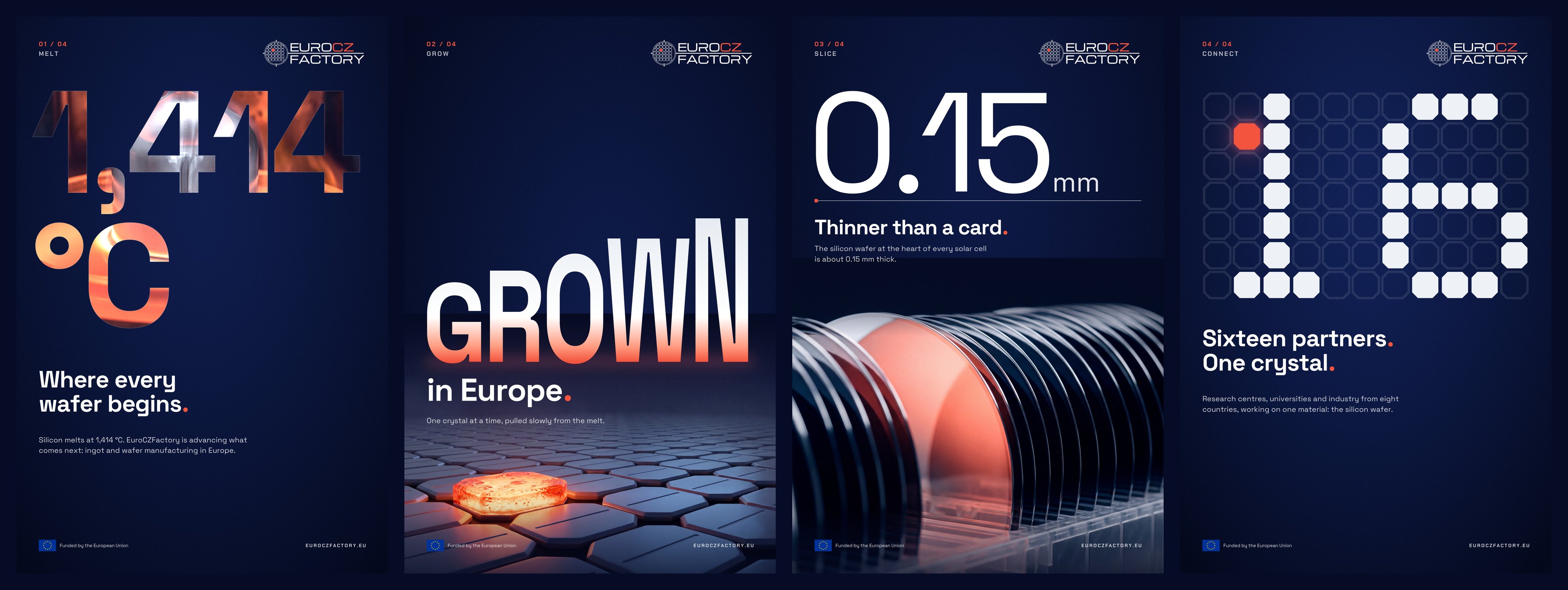 The four posters of the typographic series: 1,414 °C, Grown, 0.15 mm and 16.