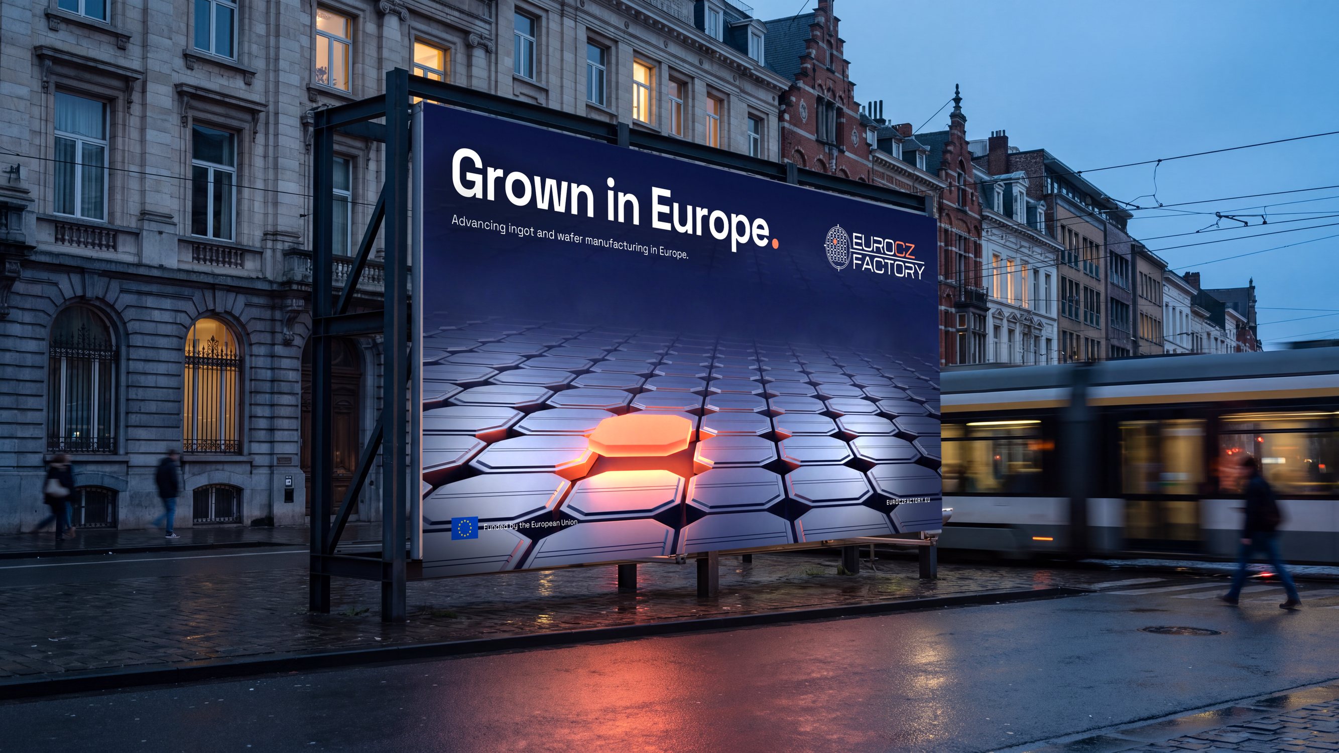 The Grown in Europe key visual on a city billboard at dusk, a tram passing below.