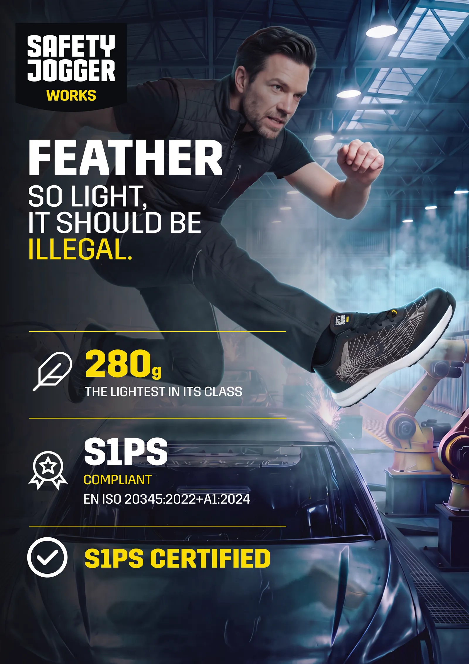 ESCAPE portrait key visual: a man wearing FEATHER shoes jumps above a car with campaign headline and claims
