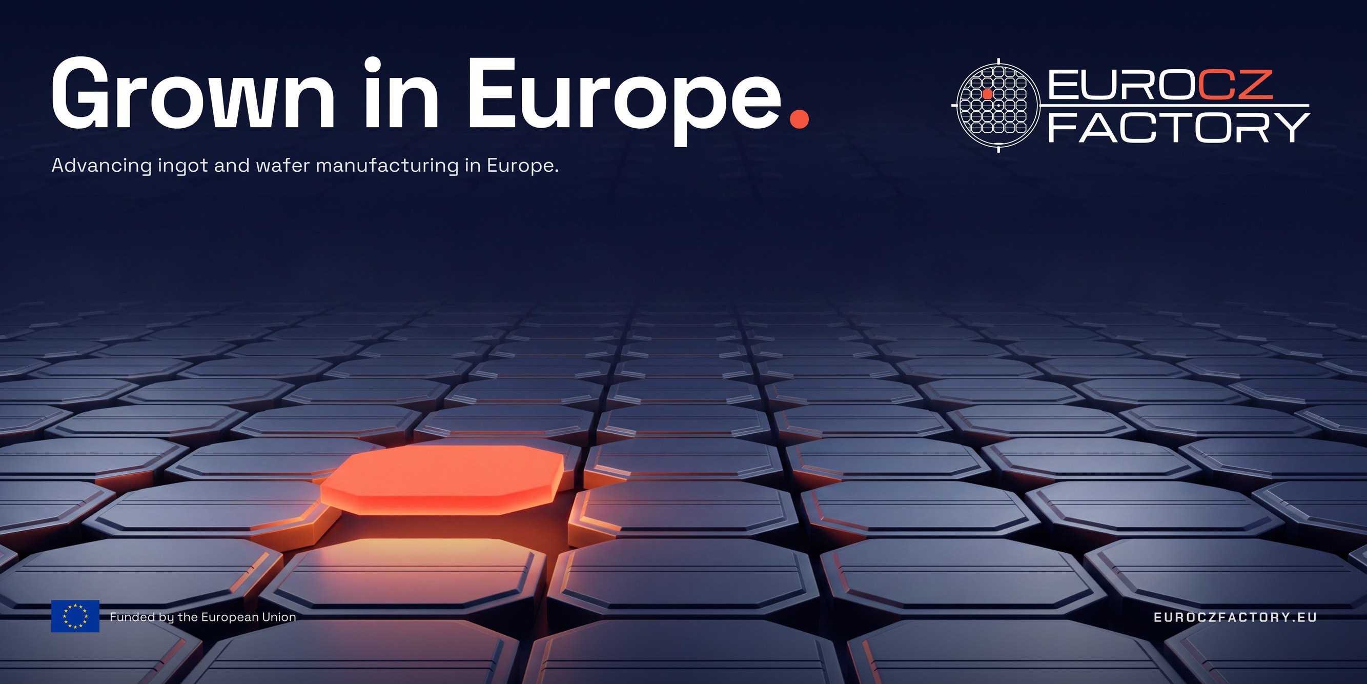 Grown in Europe key visual, billboard format: a field of silicon cells with one glowing coral cell.