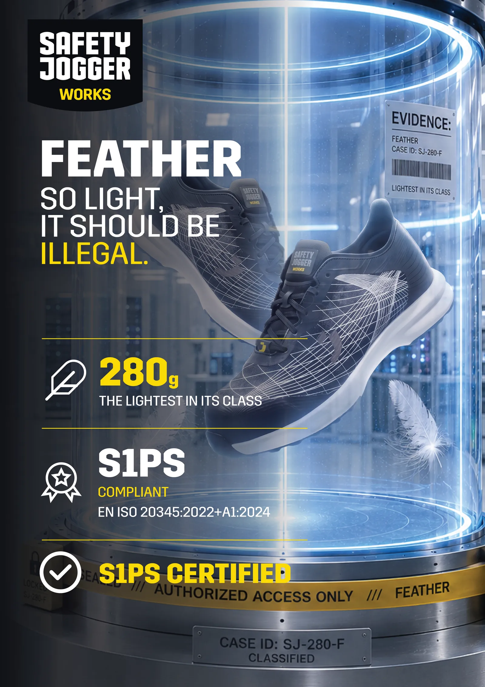 EVIDENCE portrait key visual: suspended FEATHER shoes in a sealed laboratory chamber with campaign headline and claims