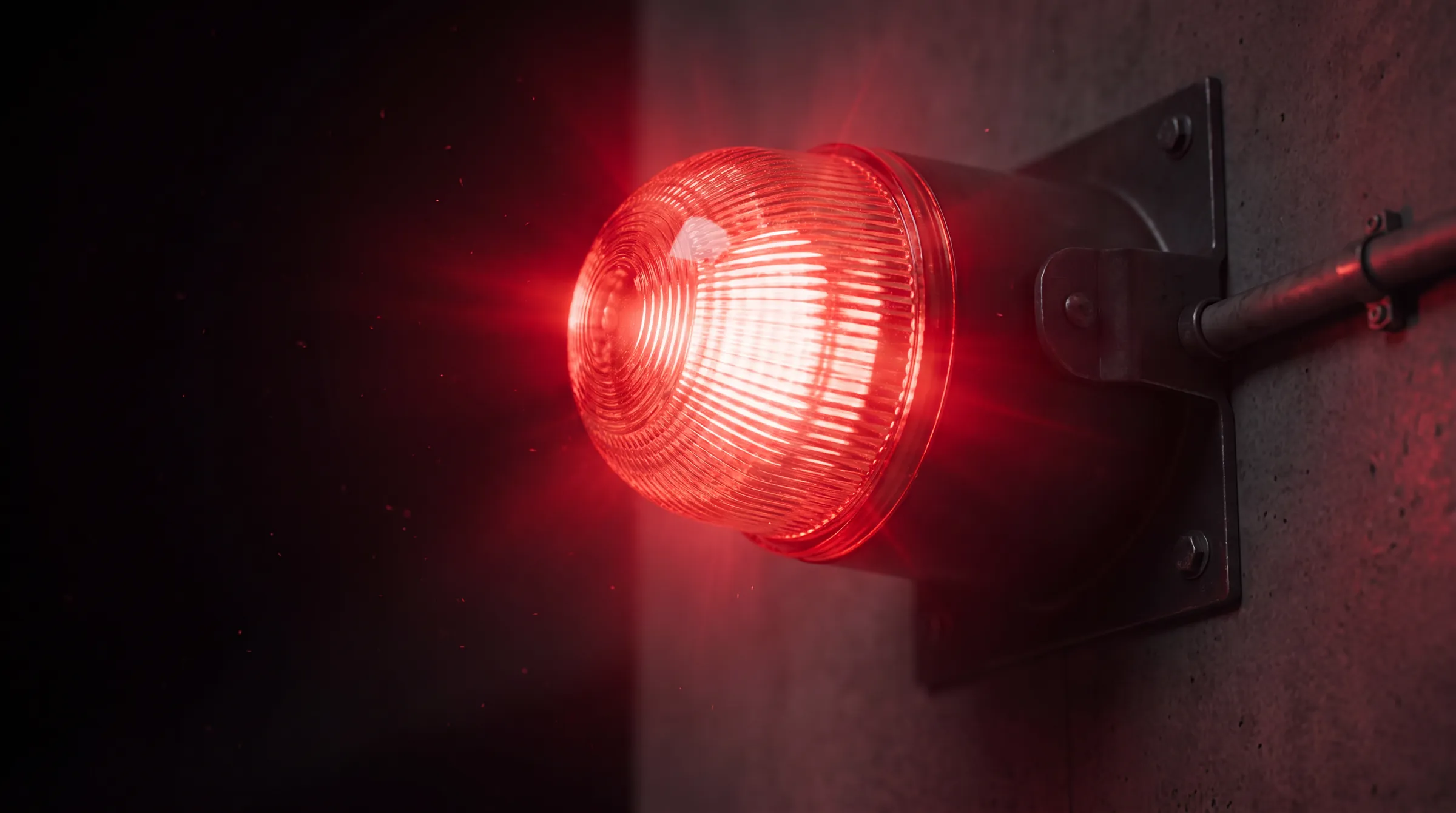 Close-up of a red rotating alarm light on a concrete lab wall