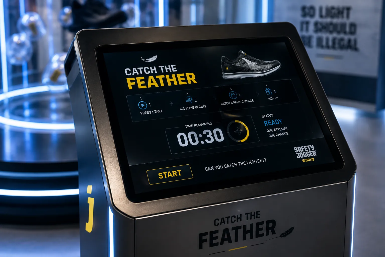 Brief concept: Catch the Feather control console with start button and 30-second timer