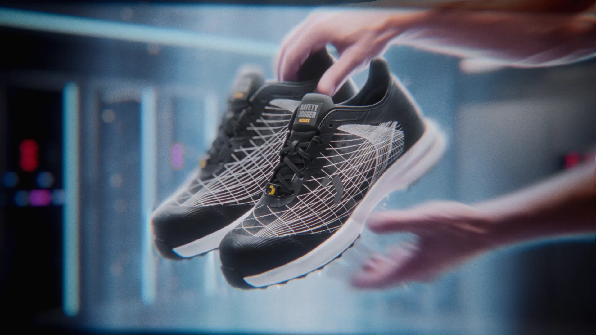 Hands seize the floating FEATHER shoes inside the high-security lab