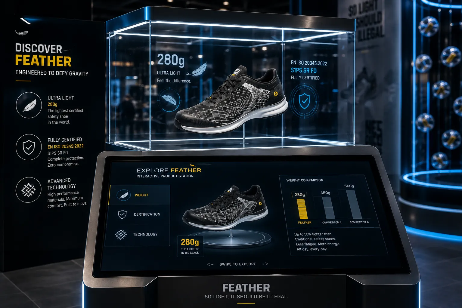 Brief concept: interactive product station with FEATHER in a glass case above a touchscreen