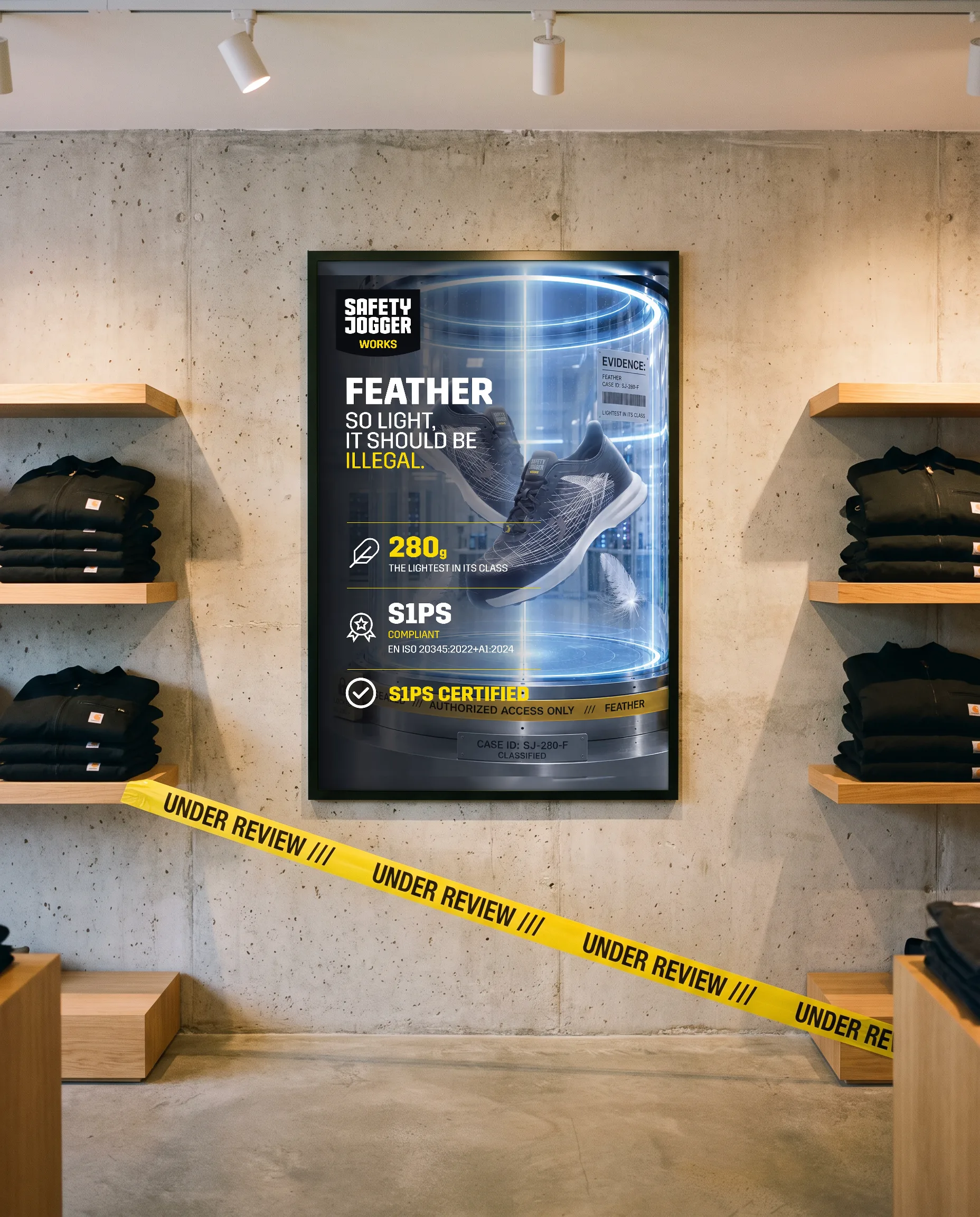 EVIDENCE key visual as a framed A1 poster on the concrete wall of a workwear store, UNDER REVIEW tape below