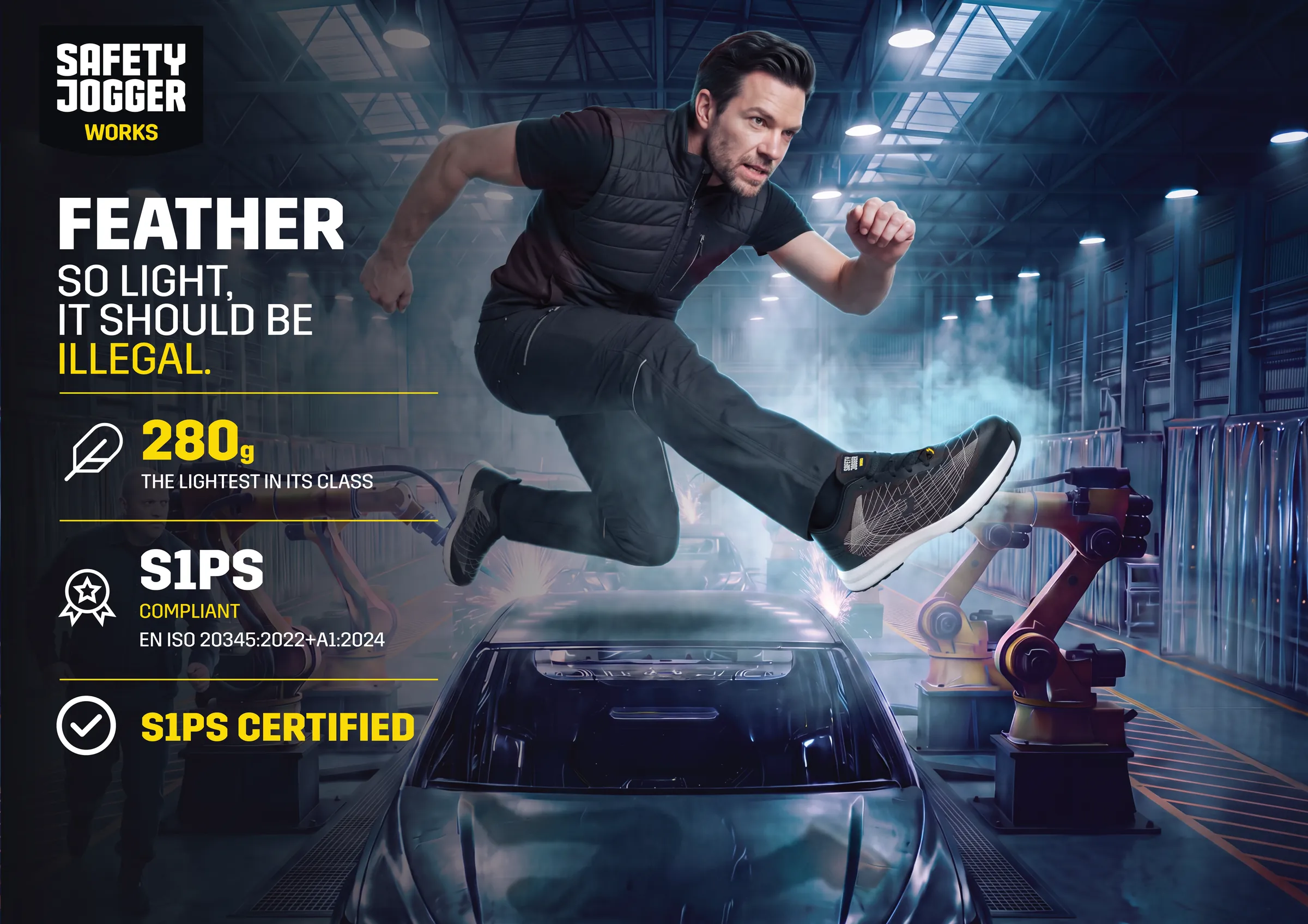 ESCAPE landscape key visual: a man in FEATHER shoes leaps over a car assembly line beside campaign claims