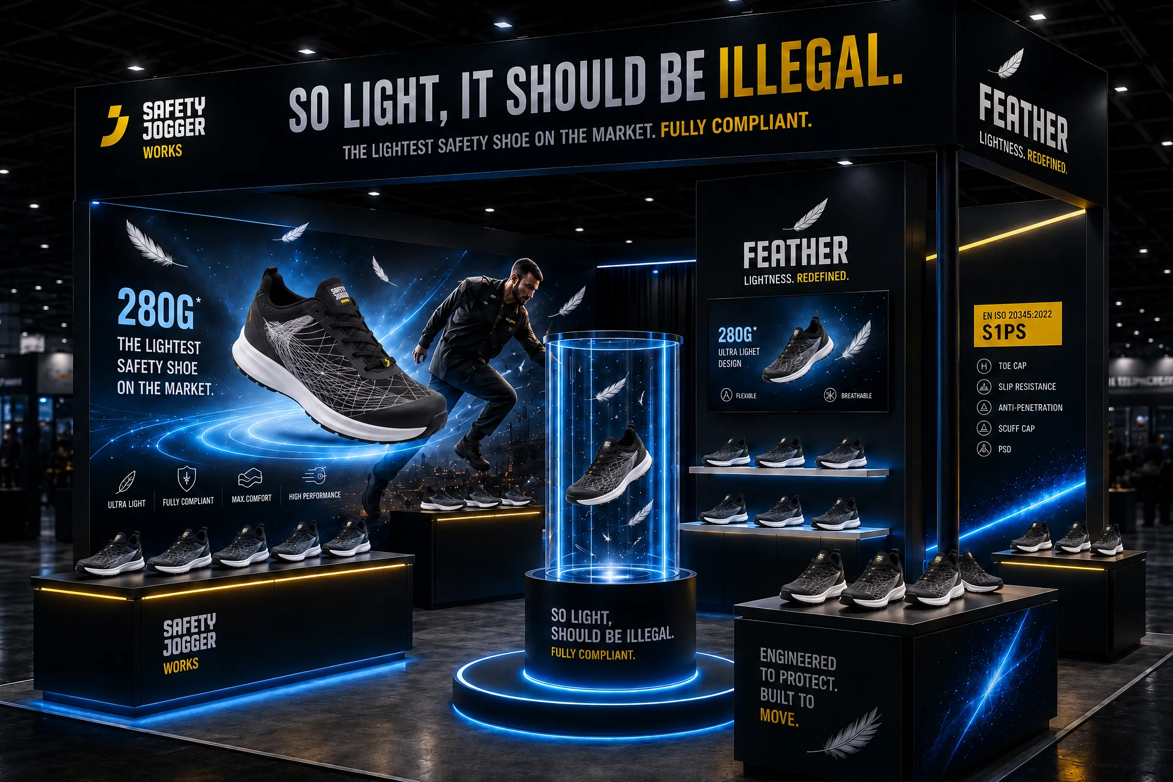 Stand concept: trade fair booth with 'So light, it should be illegal.' header, glowing display column and shoe shelves