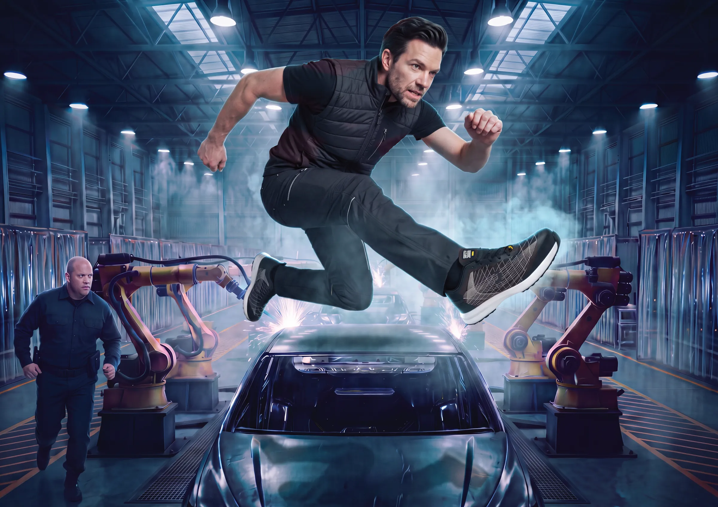 A man wearing FEATHER safety shoes leaps over a car on a robotic assembly line, pursued by a guard