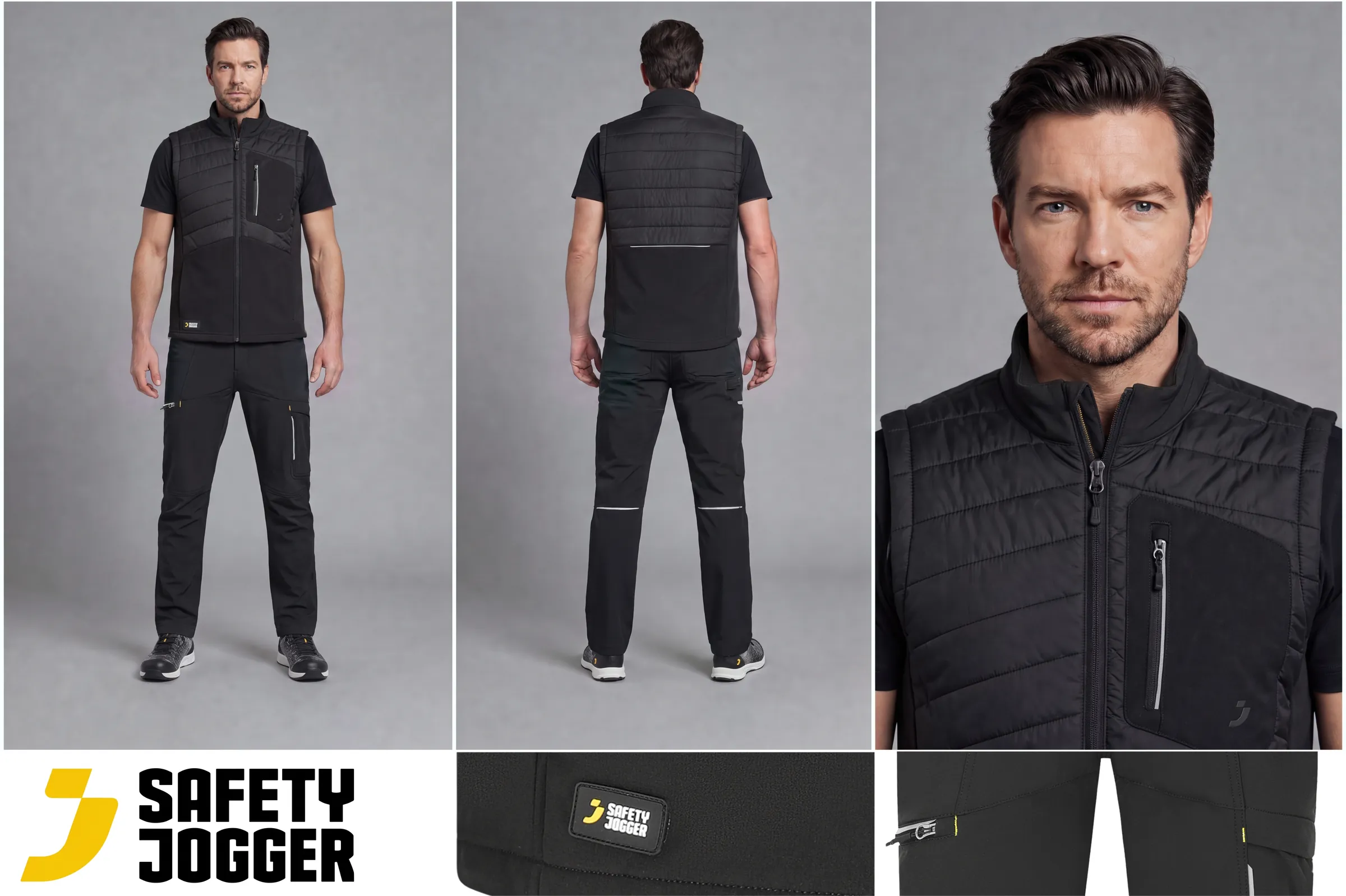 Wardrobe board for the thief: black quilted bodywarmer, work trousers and FEATHER shoes, front, back and detail views