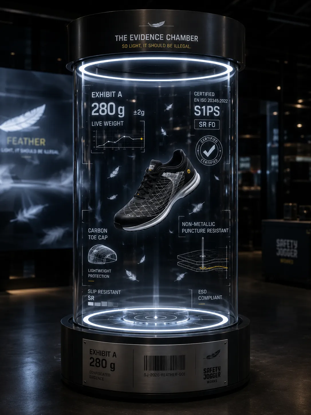 Brief concept: the Evidence Chamber, a lit glass column holding FEATHER as Exhibit A with live weight readout