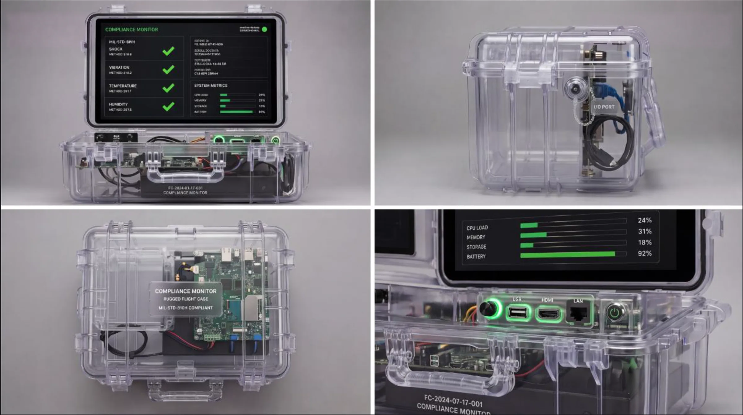 Transparent rugged flight case housing the compliance monitor that clears FEATHER, four views