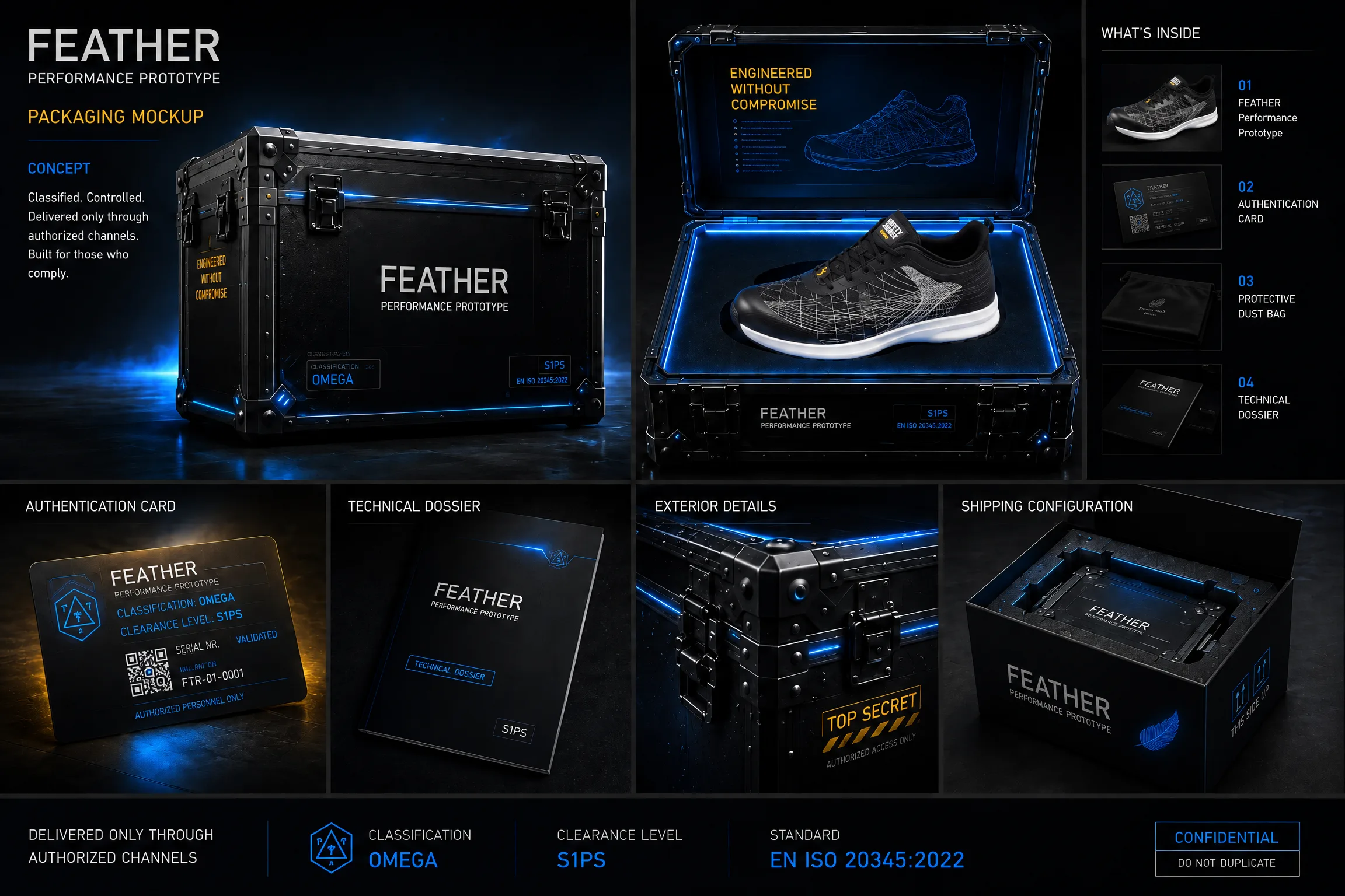 Packaging concept board: blue-lit black flight case with the production FEATHER shoe inside, authentication card, technical dossier and shipping box