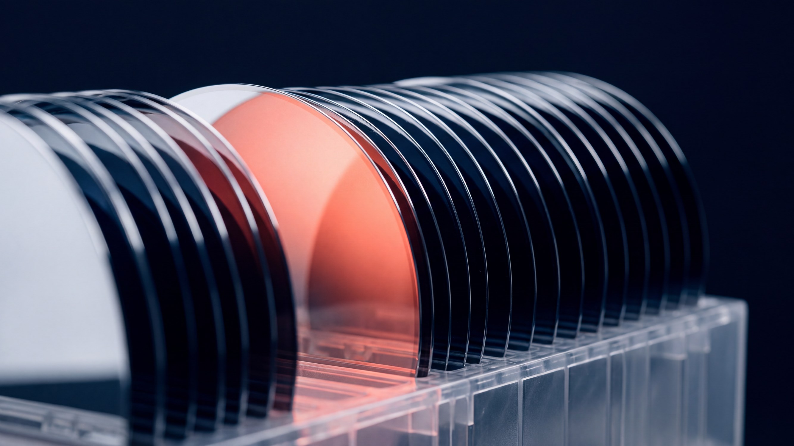 A cassette of polished silicon wafers.