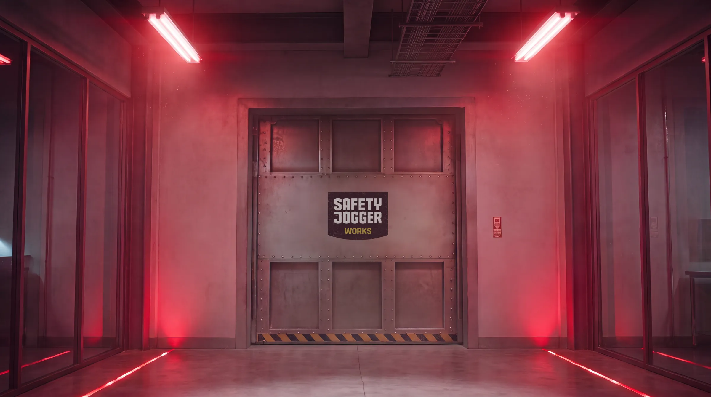 Red-lit lab corridor ending in a riveted steel door with the Safety Jogger Works logo