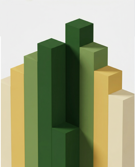 BCCH brand visual — clustered architectural columns in deep green, ochre and cream forming a skyline-like composition