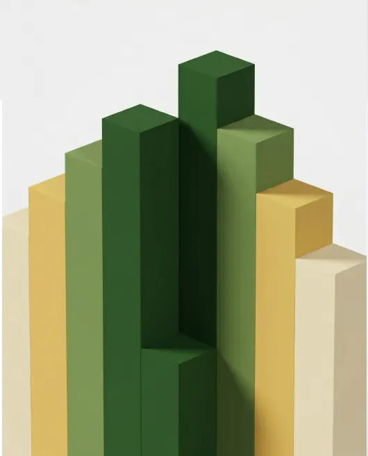 BCCH brand visual — clustered architectural columns in deep green, ochre and cream forming a skyline-like composition