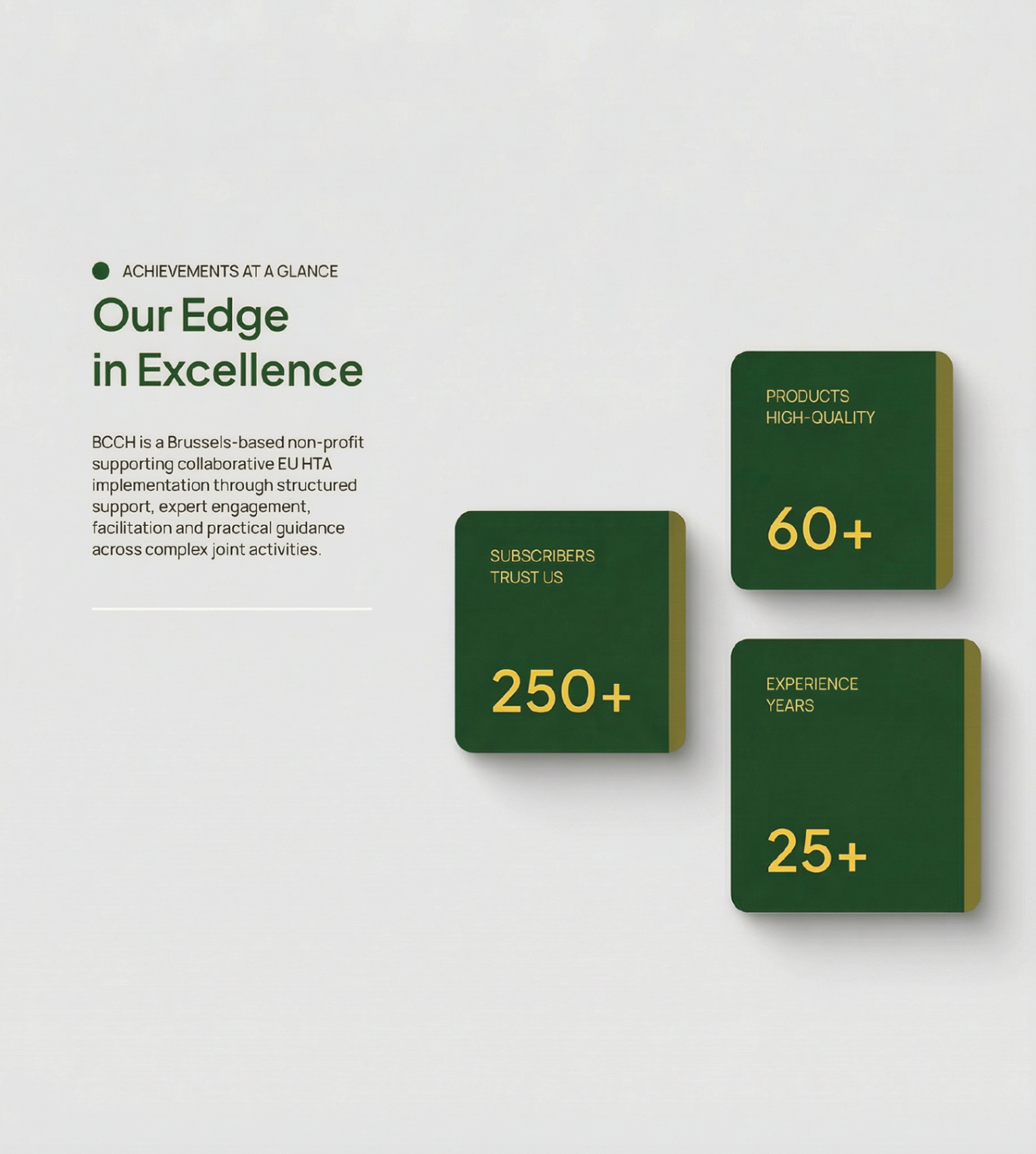 BCCH infographic — 'Our edge in excellence' showing three deep green cards with yellow figures (250+, 60+, 25+) representing subscribers, products and years of experience