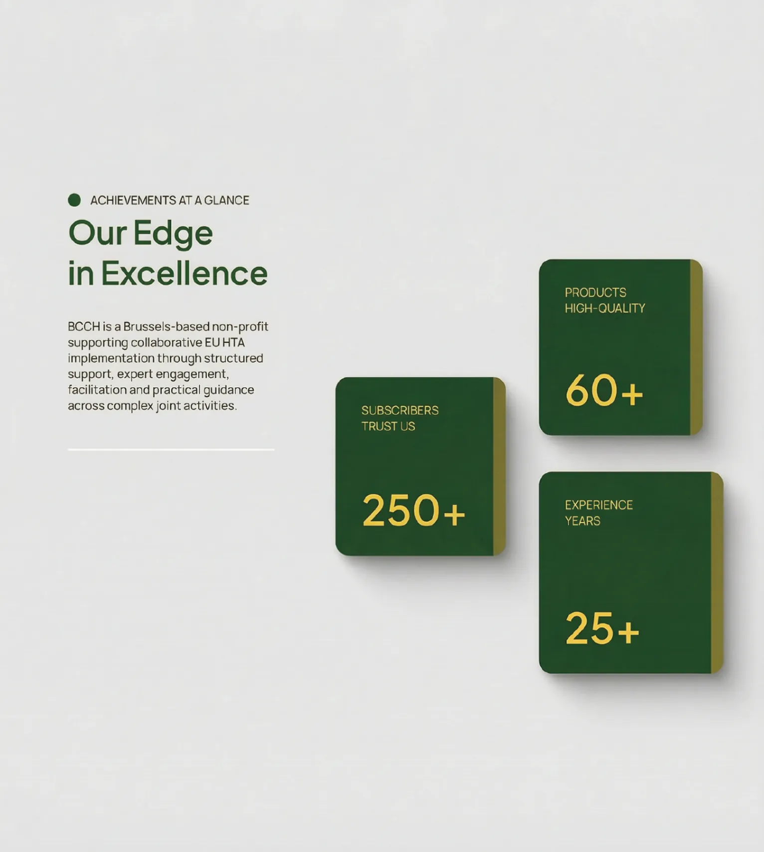 BCCH infographic — 'Our edge in excellence' showing three deep green cards with yellow figures (250+, 60+, 25+) representing subscribers, products and years of experience