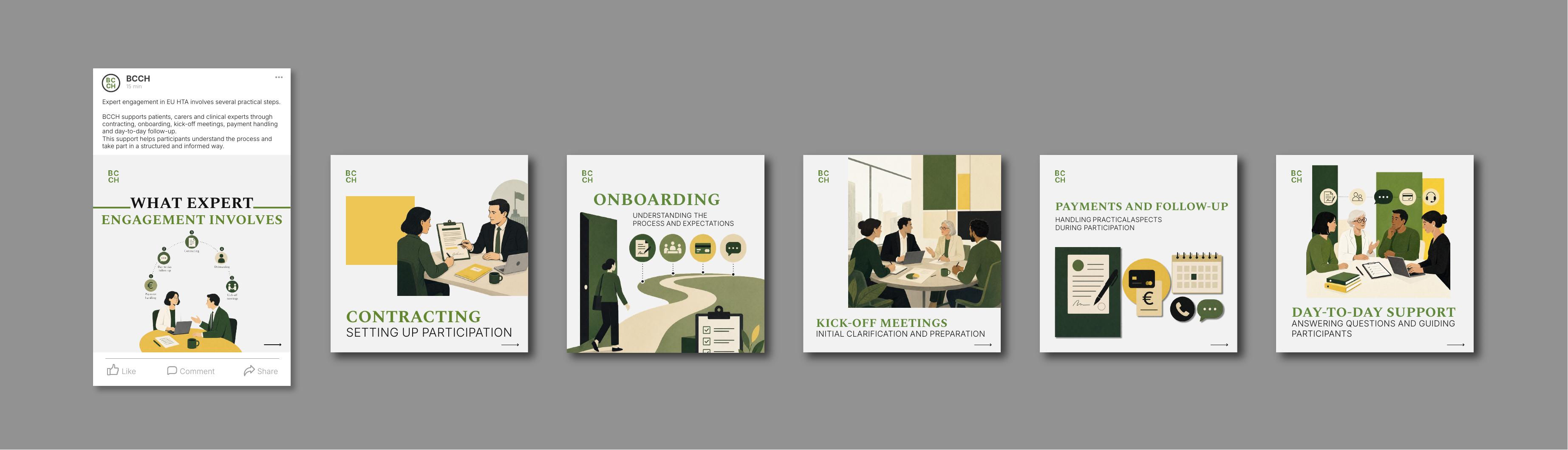 BCCH illustration style — editorial, human-centred figures in a structured workshop setting using the BCCH green and cream palette