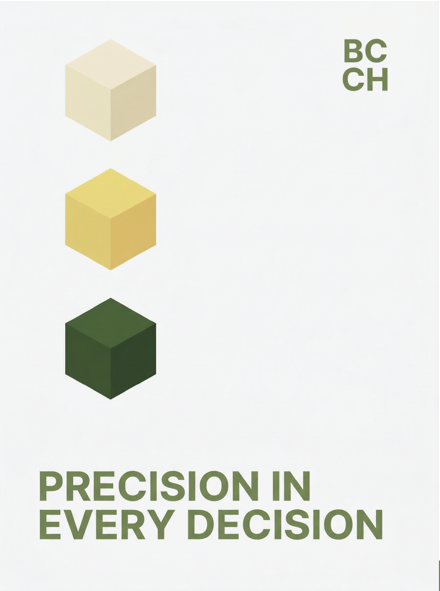 BCCH poster — three stacked isometric cubes in cream, ochre and deep green with the headline 'Precision in every decision'