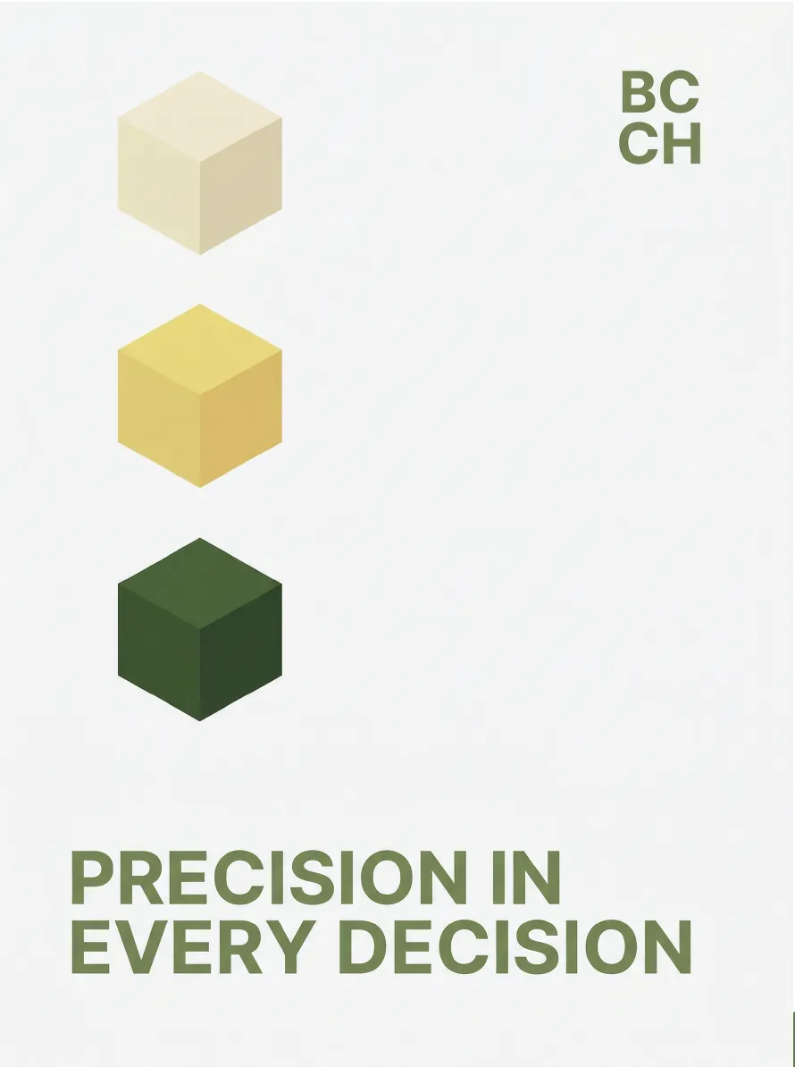 BCCH poster — three stacked isometric cubes in cream, ochre and deep green with the headline 'Precision in every decision'