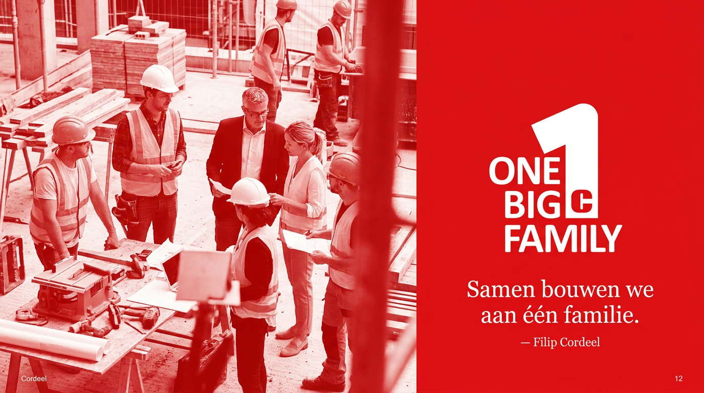 Cordeel One Big Family — PowerPoint quote slide with duotone construction photography