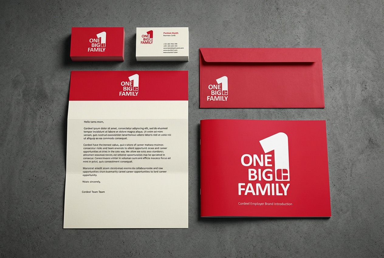 Cordeel One Big Family — branded print stationery flat-lay