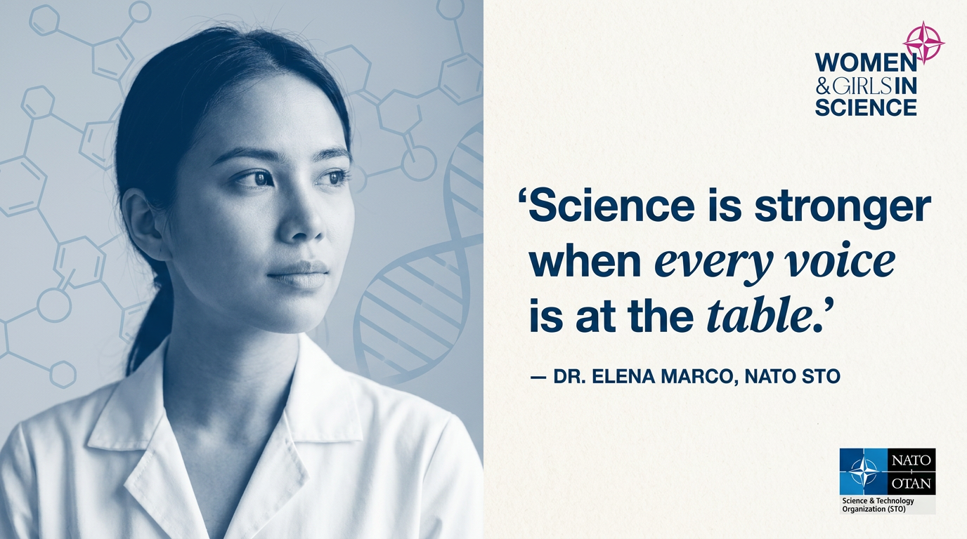 NATO Women & Girls in Science — PowerPoint quote slide with duotone portrait