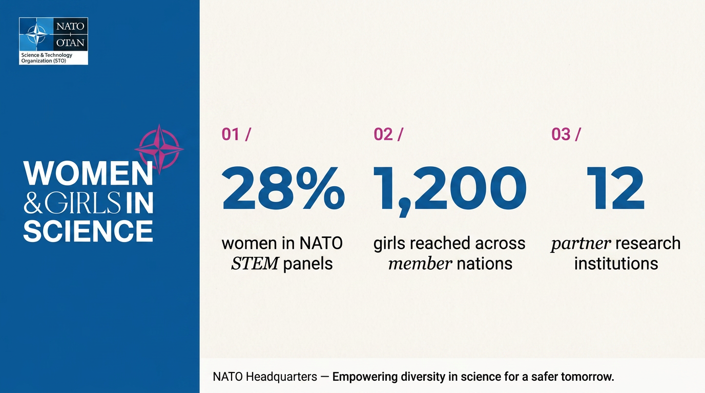 NATO Women & Girls in Science — PowerPoint stats slide with sidebar lockup