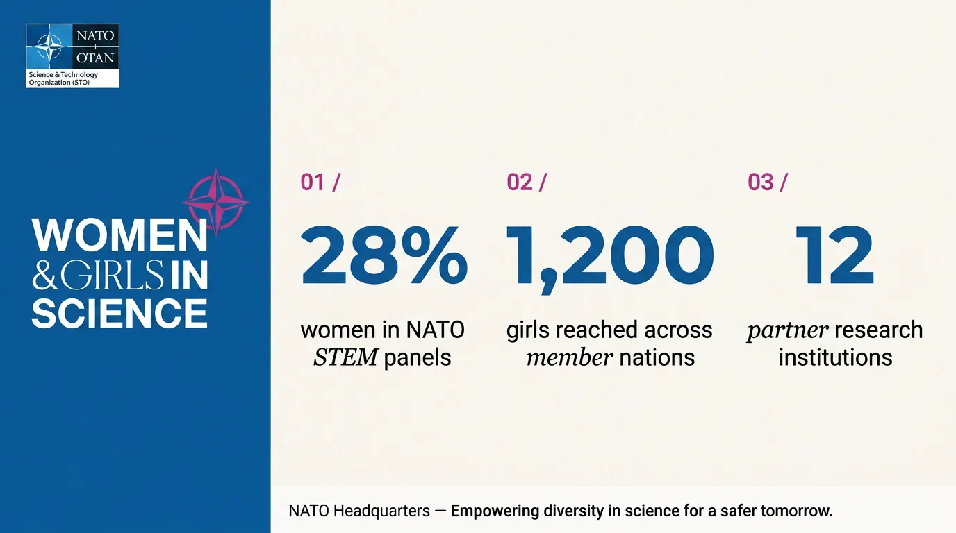 NATO Women & Girls in Science — PowerPoint stats slide with sidebar lockup