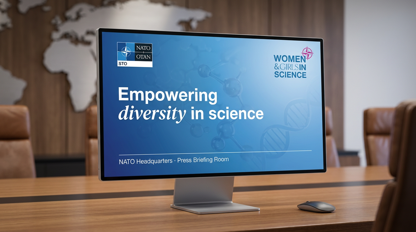 NATO Women & Girls in Science — PowerPoint title slide on a conference-room monitor