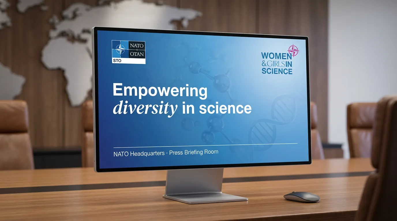 NATO Women & Girls in Science — PowerPoint title slide on a conference-room monitor